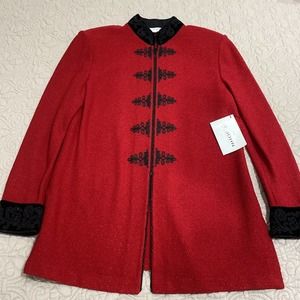 St John Asian Mandarin Russian Red Black Long Jacket Size 12 NWT Velvet Hem NEW